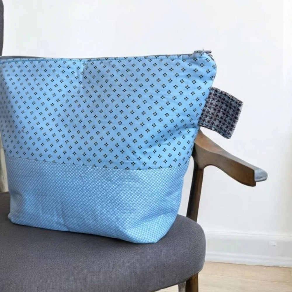 Blue Quilted Cosmetic Bag with Polka Dot Design